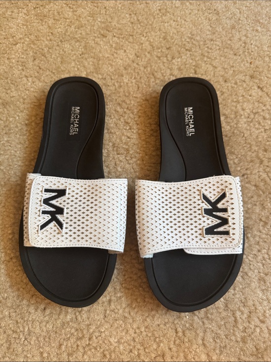 Michael Kors Shoes - MICHAEL KORS - White and Black MK Perforated Slide Sandals - Size 7